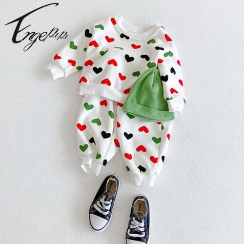 Engepapa Winter Infant Baby Boy Girl Love Printed Top+Pants 2PCS Thickened Suit Warm Cotton Girls Clothing Newborn Clothes 0-3Y