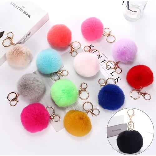 16 Colors Fluffy Fur Pom Keychains Toys Soft Faux Rex Rabbit Fur Ball Car Keyring Pompom Key Chains Gift For Baby Kids Wholesale
