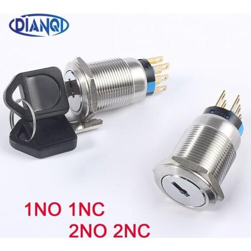 19mm Brass chrome Key Meta Brass Waterproof 2 3 Position Push Button Switch 1NO1NC/2NO2NC Press Button With Two Keys