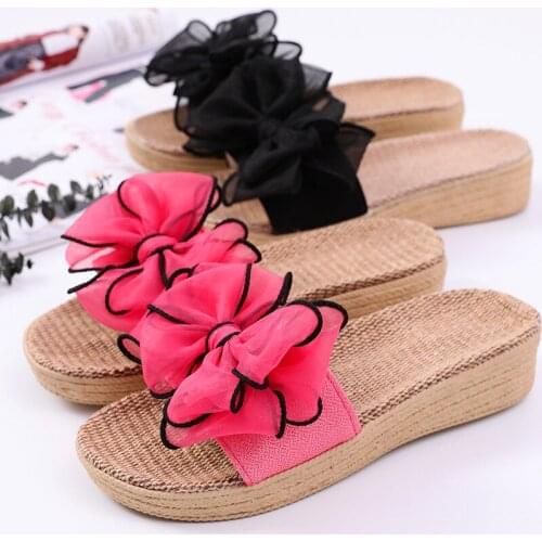 2021 Summer Womens Casual Flax Slippers Comfortable Slides Bowtie Cotton Linen Platform Sandals Ladies Outdoor Shoes PW032