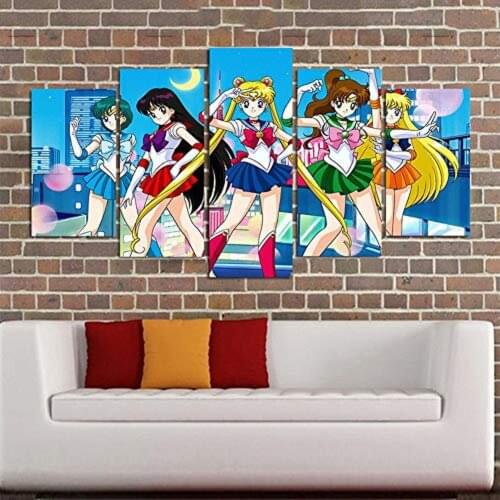 5 Piece Wall Art Canvas Anime Manga Modern Modular Decor Pictures Moon Girl Posters Home Decor Paintings Bedroom Decoration