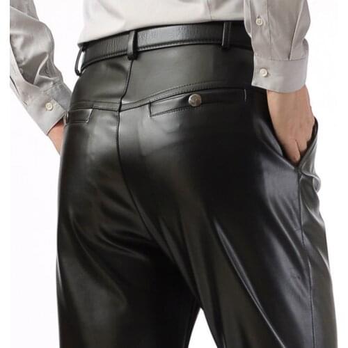 Summer Leather Pants Mens Clothing Thin Slim Fit Faux PU Leather Motorcycle Pants Loose Straight Leather Cargo Pants Waterproof