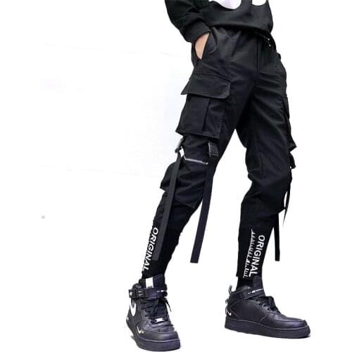 Fashion New Mens Hip Hop Ribbons Cargo Pants Black Harajuku Elastic Waist Casual Streetwear Men Casual Joggers Trousers Pant