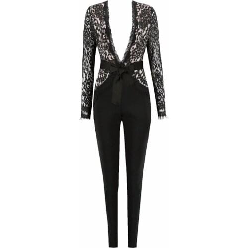 HOT New Black Long Sleeve Sexy Sheath Bandage Bodycon Jumpsuit Celebrity Sexy Party Jumpsuits