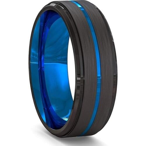 8MM Fashion Mens Black Brushed Ladder Edge Tungsten Carbide Ring Black Color Blue Groove Wedding Ring Gifts Size 6-13