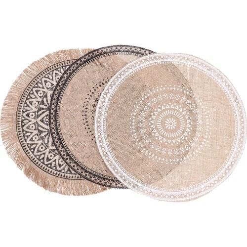 37cm Tassels Tableware Mat Nordic Style Cotton Linen Embroidery Round Shape Table Placemat Cup Non-slip Heat Insulation Mat