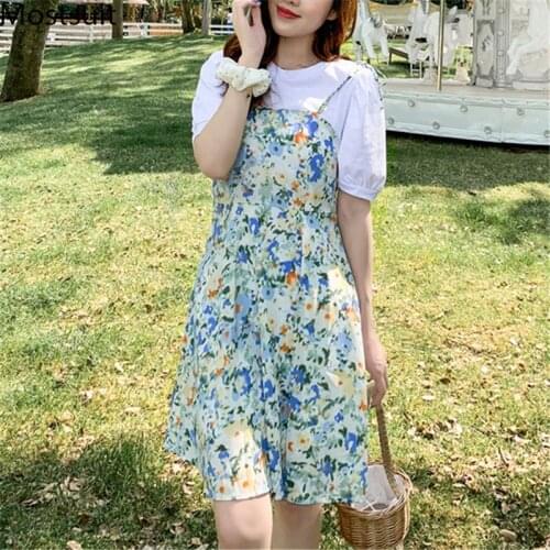 Summer Fake Two Pieces Printed Dress Women Short Sleeve O-neck A-line Mini Dresses Korean Elegant Ladies Vestidos 2021
