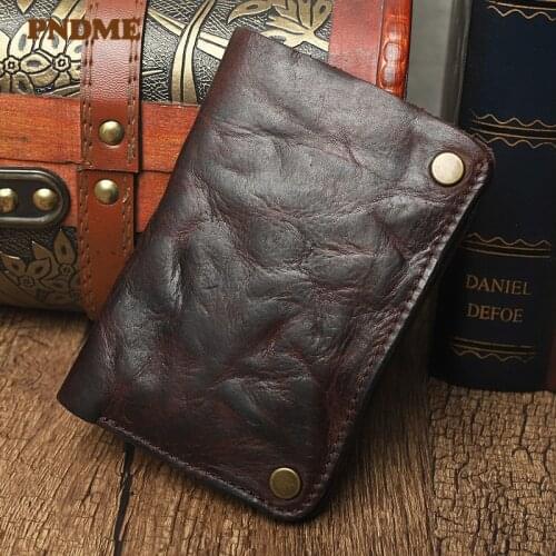 Fashion retro pleated natural cowhide mens wallet simple high-quality genuine leather womens ID credit card holder coin purse