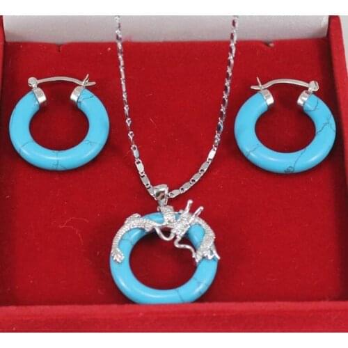 Fashionable gold plated micro inlaid Panlong Turquoise Pendant + Earring Set