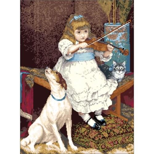 The Broken String Girl and Dog Cross Stitch Kits Top Quality Embroidery Needlework 14CT Unprinted Art DIY Handmade Decor