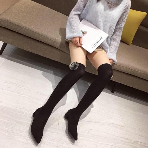 NIUFUNI 2019 Lady Over The Knee Sock Boots Fashion Flower Knitting Thigh Boots Pointed Toe Chunky Heel Elasitc Sock Boots Shoes