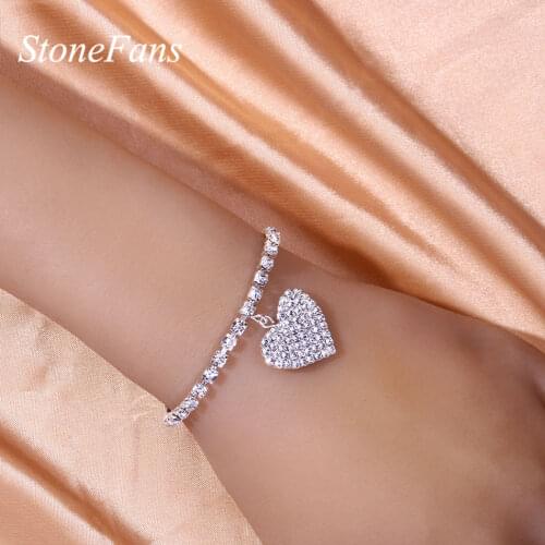 Stonefans New Iced Out Rhinestone Heart Charm Bracelets for Women Bohemian Love Tennis Bracelet Link Chain Jewelry Party Gifts