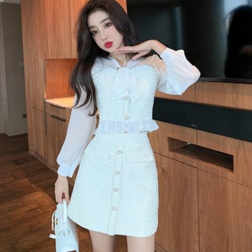 2020 Autumn Elegant Women 2 Piece Sets Sweet Bow Chiffon Patchwork Tweed Shirt Top + Mini Skirt Suit
