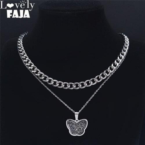 2PCS Punk Stainless Steel Black Crystal Butterfly Choker Necklaces Women Silver Color Chain Necklace Jewelry pendentifs N4860S03