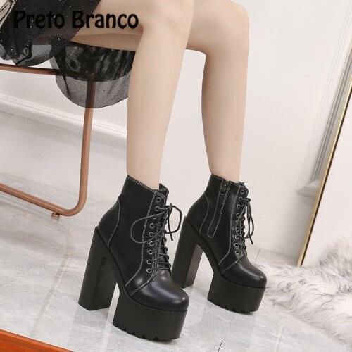PRETO BRANCO 15CM 2019 Super High Heel Platform Thick Bottom High Roman Thick Heel Shoes Women Boots Women