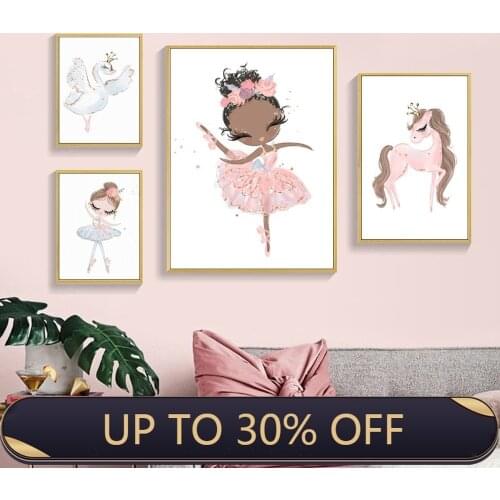 Simple Modern Cartoon Princess Swan Canvas Painting Dance Girl Pony Animal Combination Poster Childrens Room Decor Pictures