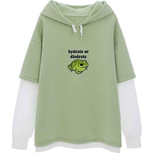 Green Top Fake Two Piece Cute Frog Pullover Sweatshirt Graphic Hoodies Women Color Block Streetwear Harajuku Printed Hoodie