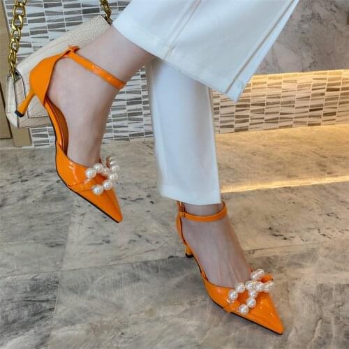 Fashion Women Sandals Orange Shoes Woman Pointed Toe Ankle Strap Pearl Chain Thin High Heels Party Dress Shoes Woman Size 35-40