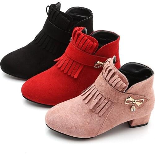 Fashion Fringe High Heel Children Shoes For Girls Winter Leather Boots Kids Bow Snow Boots Autumn 4 5 6 7 8 9 10 11 12 Year Old