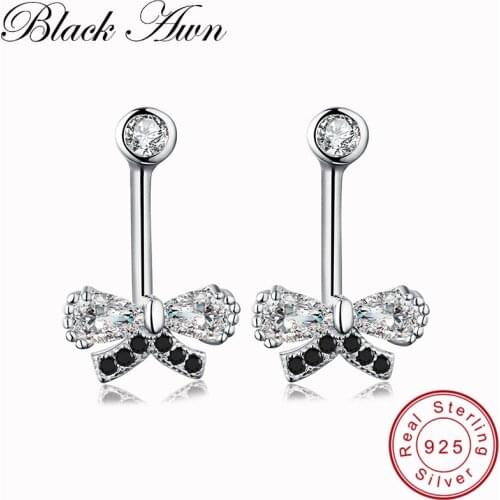 [BLACK AWN] Stud Earrings for Women 1.8g 925 Sterling Silver Jewelry Butterfly Black Spinel Boucle D'oreille Brincos T055