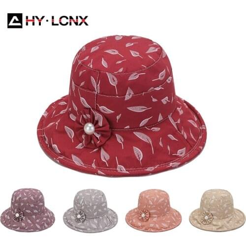Korean Summer Women Fashion Pearl Flower Decoration Sun Fisherman Hat Outdoor Leisure Breathable Leaf Printing Flat Bucket Hat