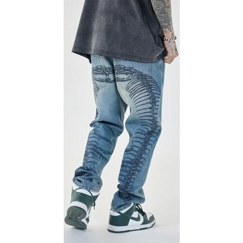 KIOVNO Men Hip Hop Skeleton Printed Jeans Pants Harajuku Vintage Baggy Denim Trousers For Male Streetwear