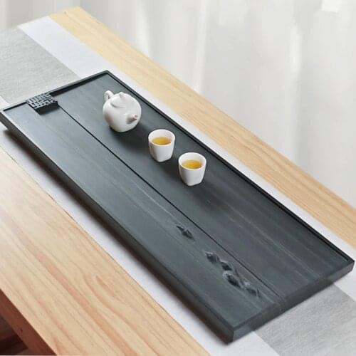 Weighed stone tea tray handmade carved rectangle trays water draining holes large tea table black stone ta boat for tea sets