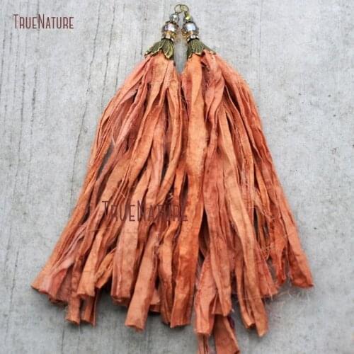 Vintage Simple Tassel Pendant Coral Pink Color Antique Bronze Caps Shiny Beads Hand Knot Tassel Pendant 6.8 inch PM9051