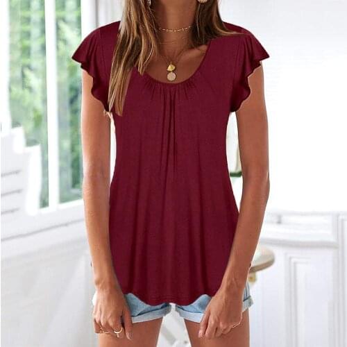 Women Solid Color Scoop Neck Short Ruffled Sleeve Bottoming Top T-shirt Solid Color Ruffled Short-Sleeved Casual
