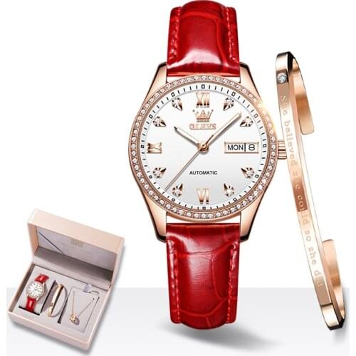 OLEVS Watches for Women Luxury Atomatic Mechanical Waterproof Leather Lady Watch Fashion Wristwatch Gifts for Women