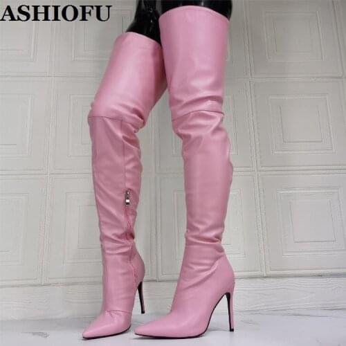 ASHIOFU Handmade Ladies Thigh High Boots Real-pics Party Prom Over Knee Boots Pointy Evening Club Fashion Winter Boots Shoes
