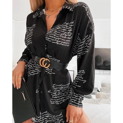 Women Fashion Summer Long Sleeve Buttoned Design Mini Shirt Dress Workwear Turn-down Collar Letter Print Shirt Mini Dress
