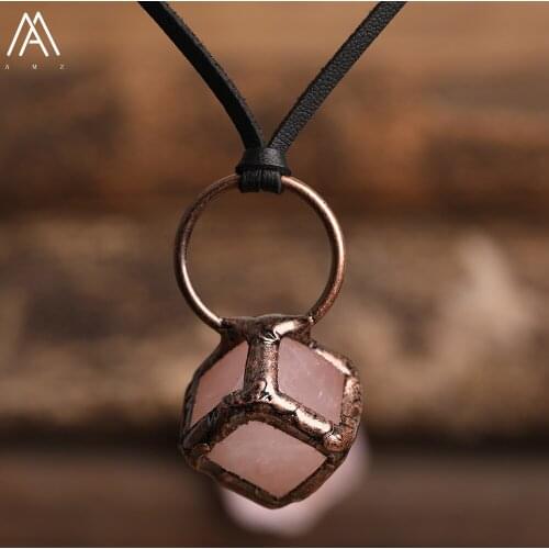 Healing Reiki Women Necklace Jewelry Roses Quartz Crystal Cube Beads Leather Necklace For Women Jewelry Gift For Her Dropship