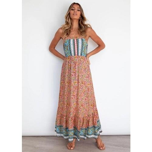 Summer Dress Femme Robes Women Bohemian Print A-Line Dress For Women Patchwork Ruffles Sling Sleeveless Slsah Neck Long Dresses