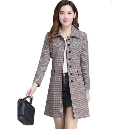 Women Plaid Wool Coat New Autumn Winter Jacket Mid-Long Slim Ladies Single Breasted Elegant Woolen Coats Outerwear Female Tops