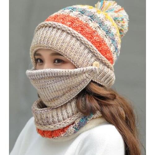 Winter Mask Hat Scarf Set Thick Warm Women Winter Accessories Fleece Inside Knitted Hat Scarf Set 3pcs Winter Riding Hats