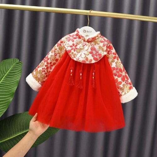 2021 Winter Red Thicken Children Clothes Baby Girls Patchwork New Years Dress Kids Cotton cloth Dress Girls Outwear MB31