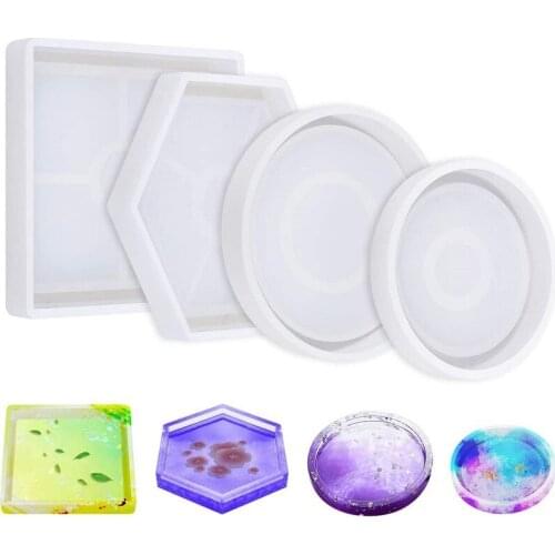 4PCS Diy Coaster Silicone Mold Included Square Hexagon Circle Octagon Mold For Resin, Concrete, Cement, Home Decoration