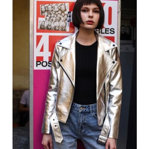 Glossy silver color pu leather jacket female street style zipper stitching leather jackets autumn winter outerwear with belt F47