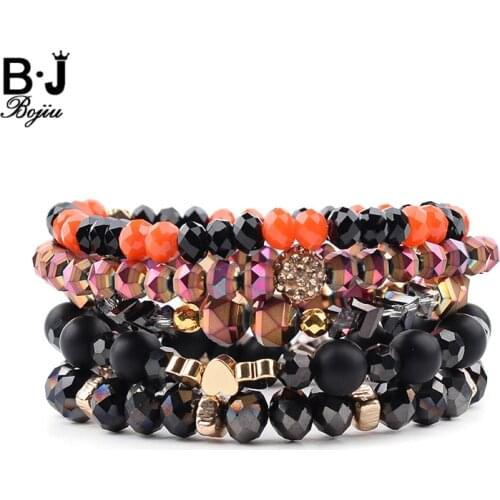 BOJIU 5 Pcs/Set Trendy Multilayer Crystal Charm Bracelets Women Orange Black Gray Purple Crystal Heart Ball Bracelet BCSET243