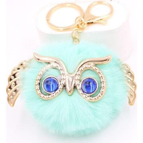 Cute Cartoon Owl Fluffy Rabbit Fur Plush Ball Pom Pom Pendant Key Chain For Bag Car Trinket Animal Keychain Handbag Key Ring