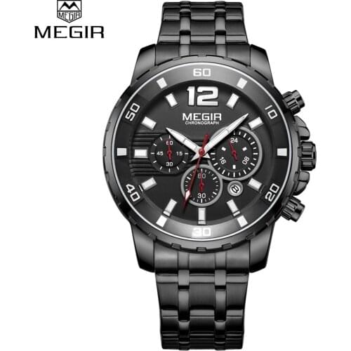 Megir Luxury Brand Sport Watch Men Black Quartz Chronograph Clock Stainless Steel Waterproof Man Military Mens Watches Relogio