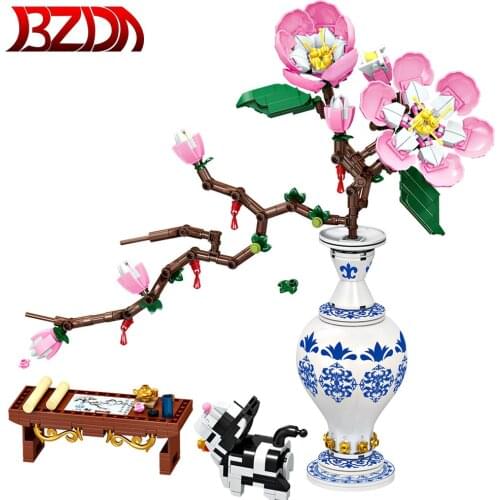 Decorative Flowers Peach Blossom Bouquet Building Blocks Romantic Peach Blossom Assembly Diy Model BricksToys Home Decor Gift