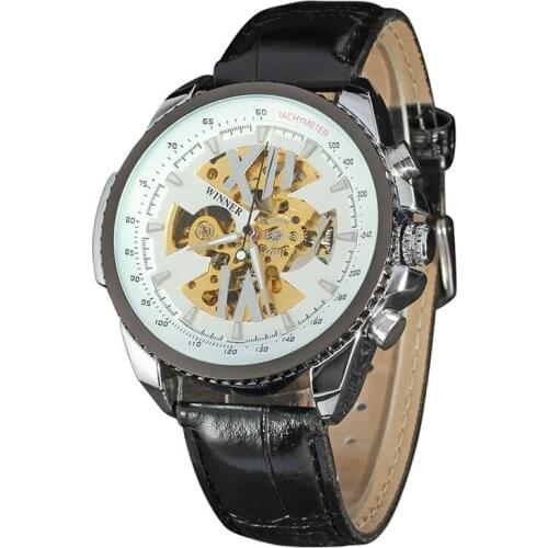 WINNER Elegant White Hobnail Scale Twotone Skeleton Silver Batten Fashion Casual Mechanical Leather Auto Wrist Watch