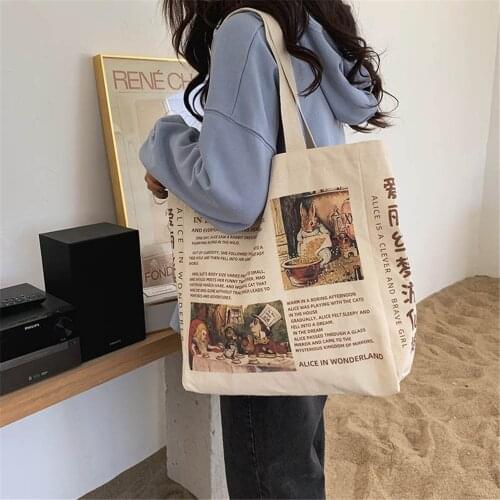 1Pc Women Canvas Shoulder Bag Alice in Wonderland Shopping Bags Students Book Bag Cotton Cloth Handbags Tote for Girls New 2021