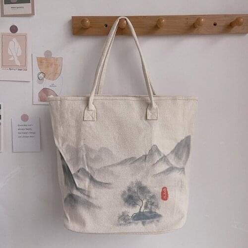 Landscape painting canvas bag womens singleHandbags large-capacity Korean version of art small fresh tote green shopping bag