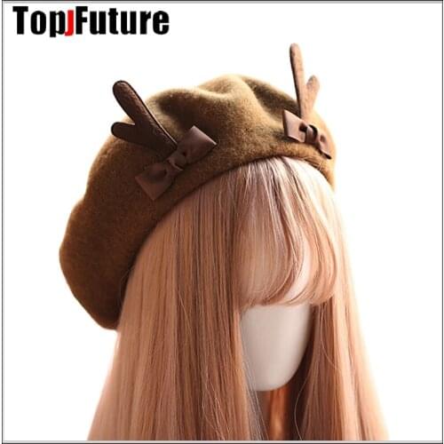 Christmas deer ear girl cap gift beret cute shape hat winter cap autumn Punk Beret Hat Solid Beret ADULT lolita girl HAT