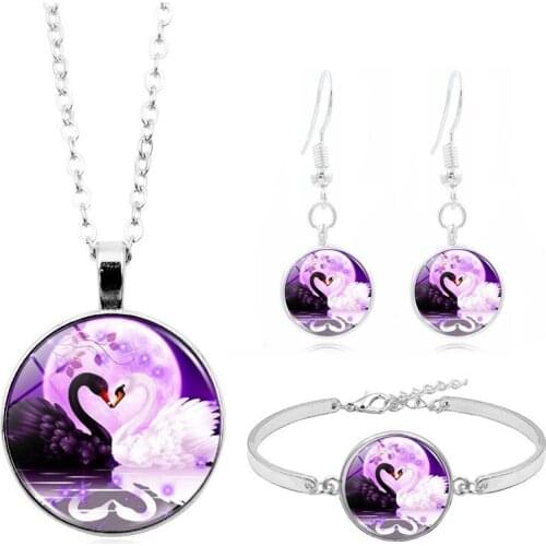 Swan Jewelry Black White Swan Pendant Cabochon Glass Necklace Stud Earrings Bracelet Bangle Set Totally 4Pcs Womens Jewelry Set