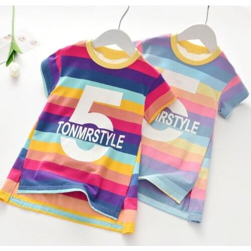 Summer Girls T-shirt Dress Rainbow Striped Letter Print Casual Kids Clothes for Girl 2 3 4 5 6 Year Toddler Children Outfits