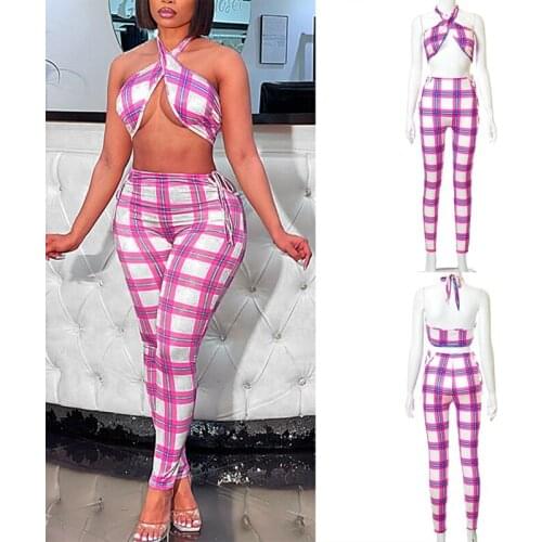 Hot Kf-Women Outfits Fashion Print Halter Neck Wrapped Chest Backless 2 Pieces Set Sexy & Club Skinny Playsuit Women Outfits